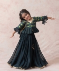 Bottle Green Tanchoi Silk Top With Lehenga