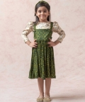 Forest Green Ajrakh Print Frock With Green Beige Crop Top