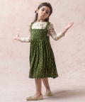 Forest Green Ajrakh Print Frock With Green Beige Crop Top