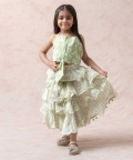 Tea Green Chanderi Silk Crop Top With Tiered Skirt