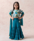 Teal Blue Tussar Silk Crop Top With Gharara
