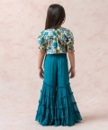 Teal Blue Tussar Silk Crop Top With Gharara