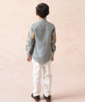 Pure Linen Shirt With Cloud Grey Floral Print Panel