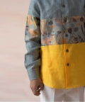 Pure Linen Shirt With Cloud Grey Floral Print Panel