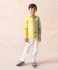 Canary Yellow Linen Shirt With Tones Of Green Panels