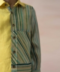 Canary Yellow Linen Shirt With Tones Of Green Panels