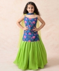 Elephant Motifs With Floral Print Kurti With Green Lehenga