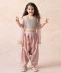 Hand Embroidered Crop Top With Pleated Dhoti Pants And Cape
