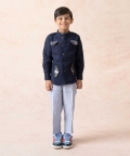 Shirt With Double Button Band Collar And Stripe Linen Pants