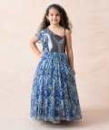 Floral Print Chiffon Gathered Gown With Metallic Bodice