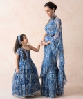 Floral Print Chiffon Gathered Gown With Metallic Bodice
