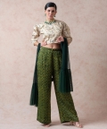 Crop Top With Forest And Mustard Ajrak Print Pleated Pants