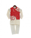 Red Embroidered Nehru Jacket With Kurta & Churidar