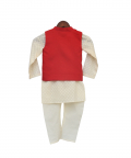 Red Embroidered Nehru Jacket With Kurta & Churidar