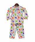 Unisex White Printed Night Suit With Pink Piping