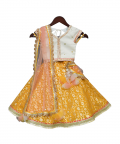 Off White Sequins Choli With Yellow Brocade Lehenga