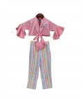 Peach Cotton Silk Top With Stripe Pants