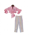 Peach Cotton Silk Top With Stripe Pants
