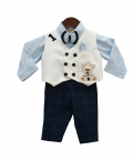 Blue Shirt with Pant And White Waist Coat Set