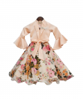 Peach Tie Knot Top With Floral Print Lehenga