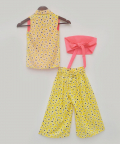 Pink Knotted Top With Printed Jacket And Pant