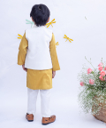 Off White Embroidery Nehru Jacket With Mustard Yellow Kurta And Chudidar