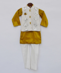 Off White Embroidery Nehru Jacket With Mustard Yellow Kurta And Chudidar