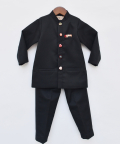 Black Bandgala With Mirror Embroidery Buttons