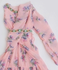 Peach Pleated Georgette Print Dress