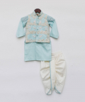Off White Thread Embroidery Jacket And Blue Kurta Dhoti