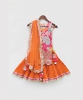 Pink Georgette Print Kurti And Orange Ghagraa With Dupatta