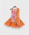 Pink Georgette Print Kurti And Orange Ghagraa With Dupatta