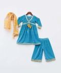 Turquoise Blue Velvet Kurti and Plazo Pant