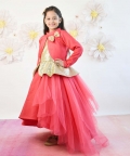 Coral Pink Net Gown with Shrug