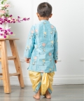 Flower Embroidery Blue Kurta With Yellow Dhoti