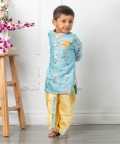 Flower Embroidery Blue Kurta With Yellow Dhoti