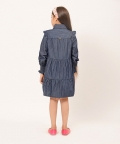Varsity Chic Denim Blue Frock for Girls with Pink Buttons