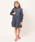 Varsity Chic Denim Blue Frock for Girls with Pink Buttons