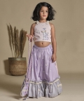 Pinka Nd Lavender Lehenga With Frills, Blouse, Potli Bag Set