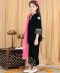 Velvet Suit With Zari Embroidery On Top And Bottom And Net Dupatta  