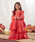 Red Block Print Peplum And Lehenga With Dupatta