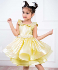 Delicate Yellow Organza Dress With Pearl Work On The Collar And Waistline
