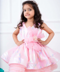 Pink Organza Dress With Full Flare Tulle Frilling At The Bottom And Statement Bow On The Side