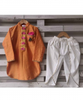 Orange And White Lotus Embroidered Kurta Set