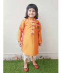 Orange And White Lotus Embroidered Kurta Set