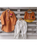 Orange And White Lotus Embroidered Kurta Set