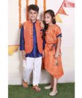 Orange And  Navy Blue Embroidered Assymetric Dress