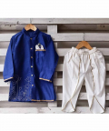 Navy Blue And White Lotus Embroidered Dhoti Kurta Set For Boys