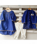 Navy Blue And White Lotus Embroidered Dhoti Kurta Set For Boys