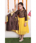 Brown And Mustard Bird Embroidered Kurta Set With Nehru Jacket